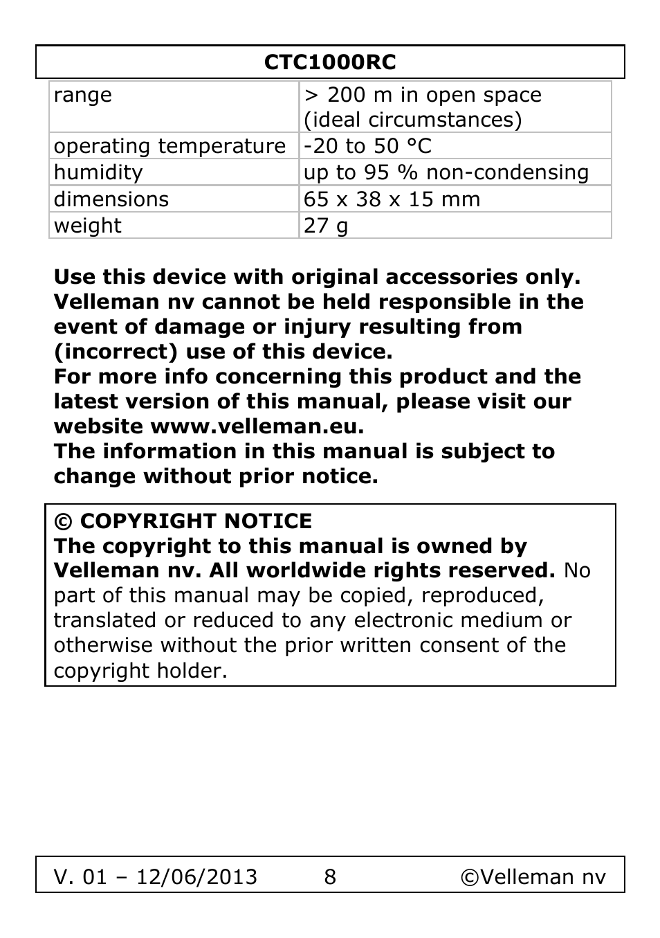Velleman CTC1000RC User Manual | Page 8 / 51