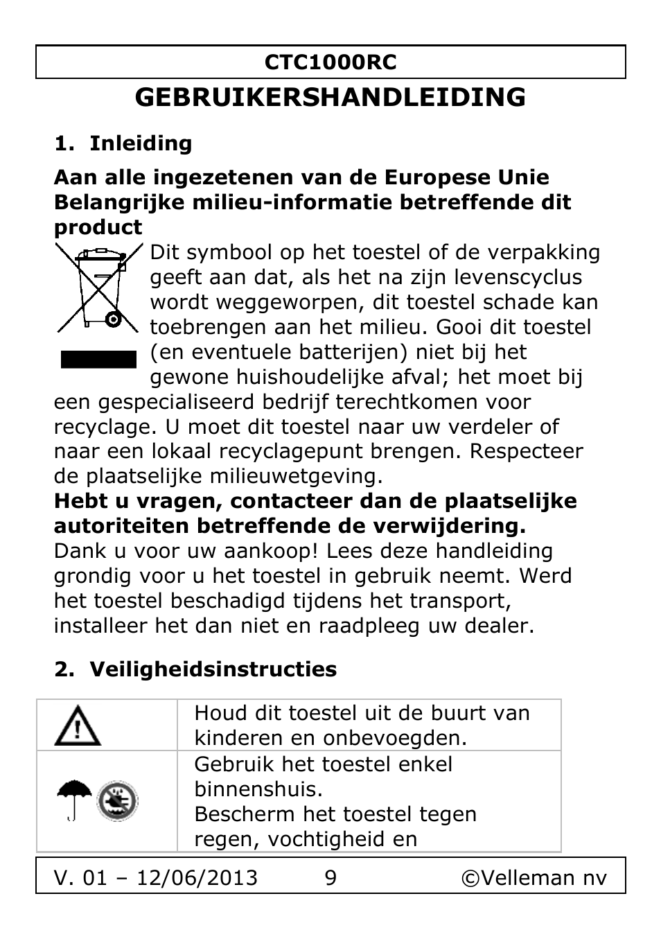 Gebruikershandleiding, Inleiding, Veiligheidsinstructies | Velleman CTC1000RC User Manual | Page 9 / 51