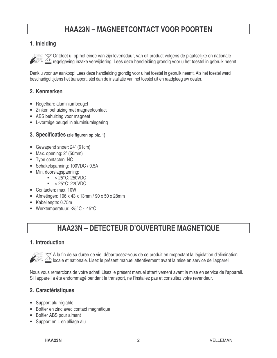 Haa23n – magneetcontact voor poorten, Haa23n – detecteur d’ouverture magnetique | Velleman HAA23N User Manual | Page 2 / 4