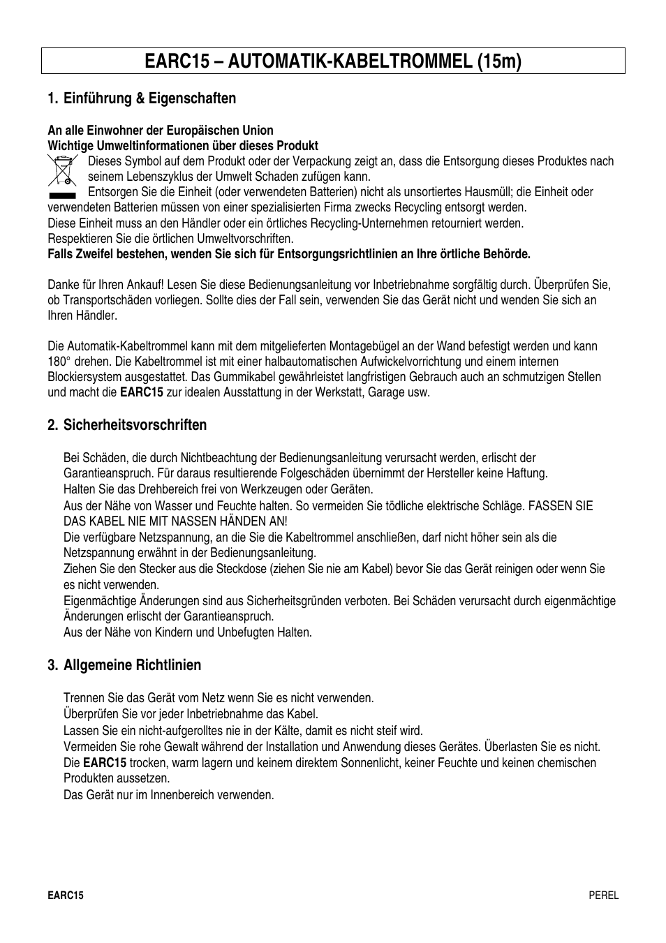 Earc15 – automatik-kabeltrommel (15m) | Velleman EARC15 User Manual | Page 10 / 11