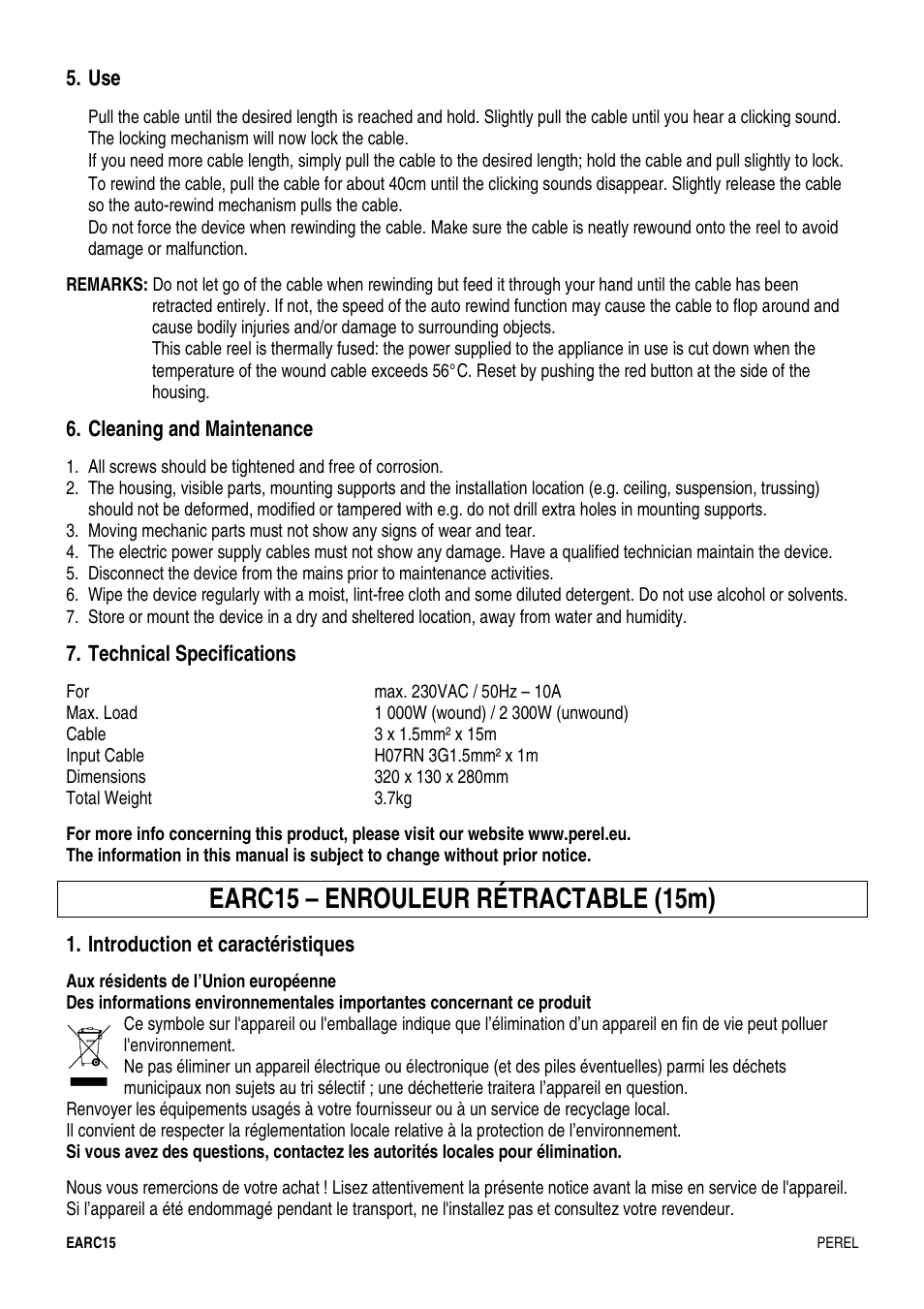 Earc15 – enrouleur rétractable (15m), Cleaning and maintenance, Technical specifications | Introduction et caractéristiques | Velleman EARC15 User Manual | Page 4 / 11