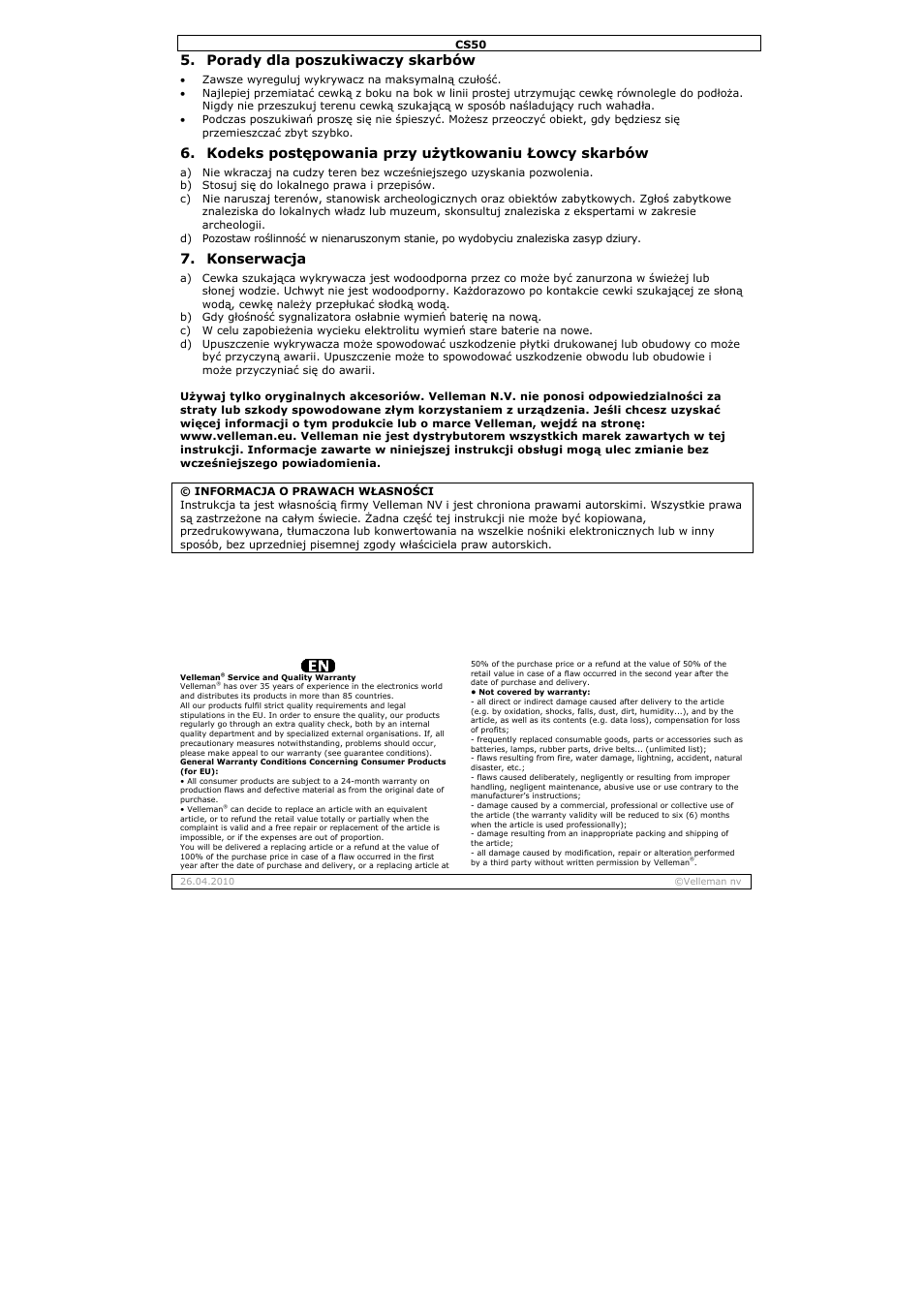 Porady dla poszukiwaczy skarbów, Kodeks postępowania przy użytkowaniu łowcy skarbów, Konserwacja | Velleman CS50 User Manual | Page 10 / 12