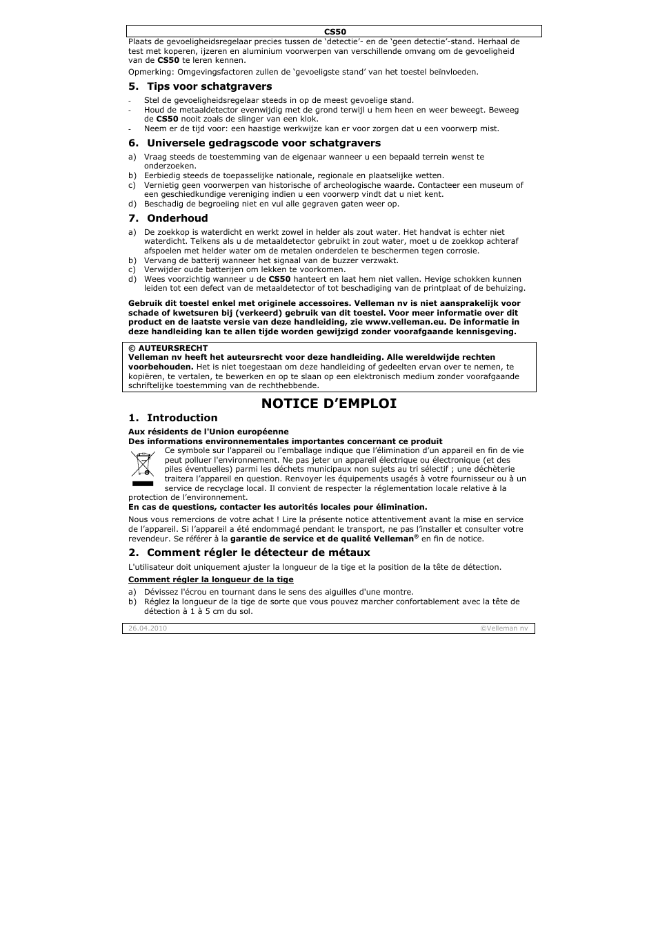 Otice d, Emploi | Velleman CS50 User Manual | Page 4 / 12