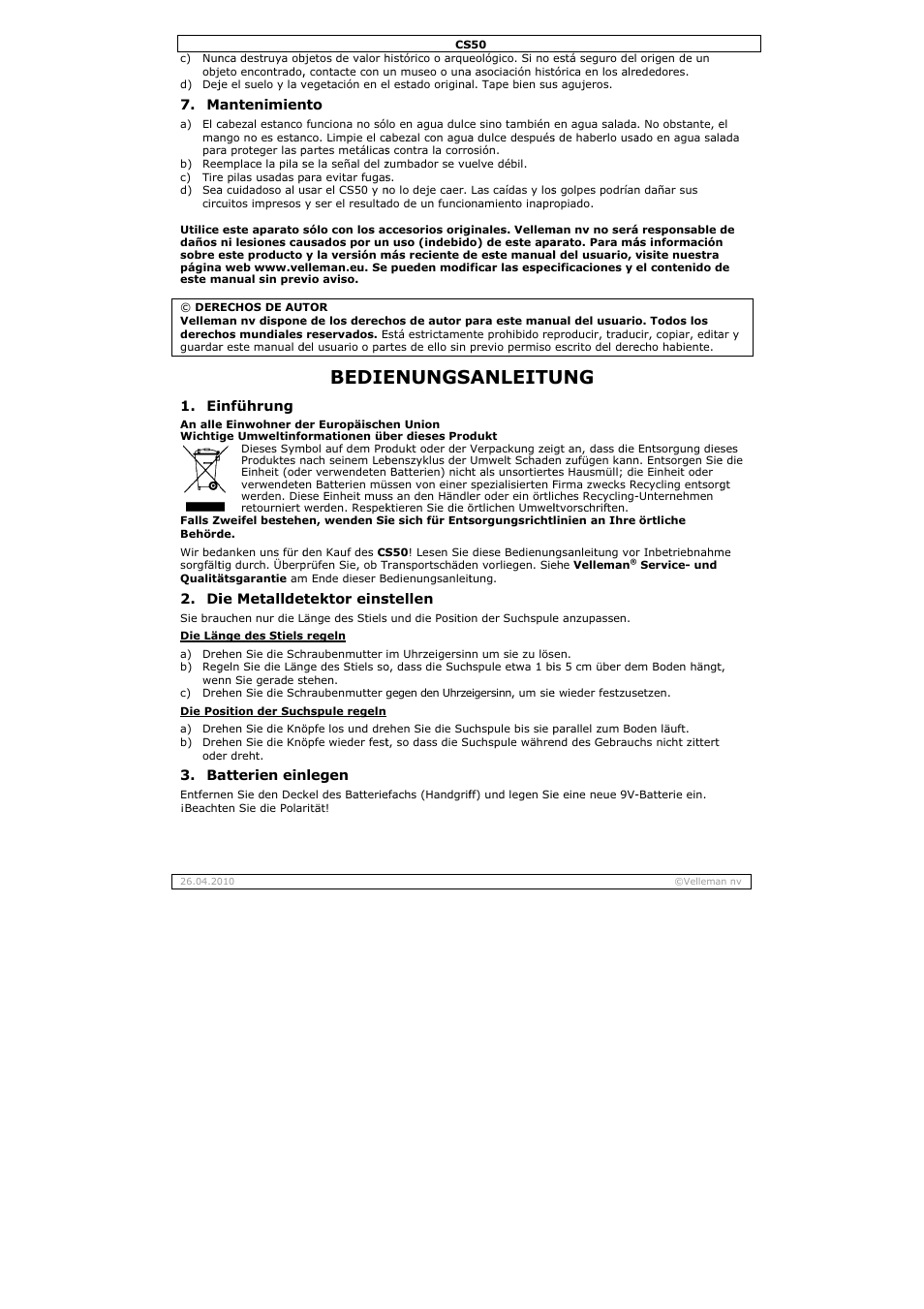Bedie, Enungs, Anleitu | Velleman CS50 User Manual | Page 7 / 12