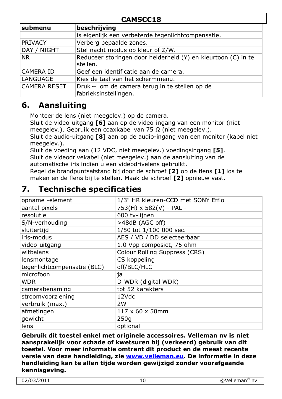 Aansluiting, Technische specificaties | Velleman CAMSCC18 User Manual | Page 10 / 25