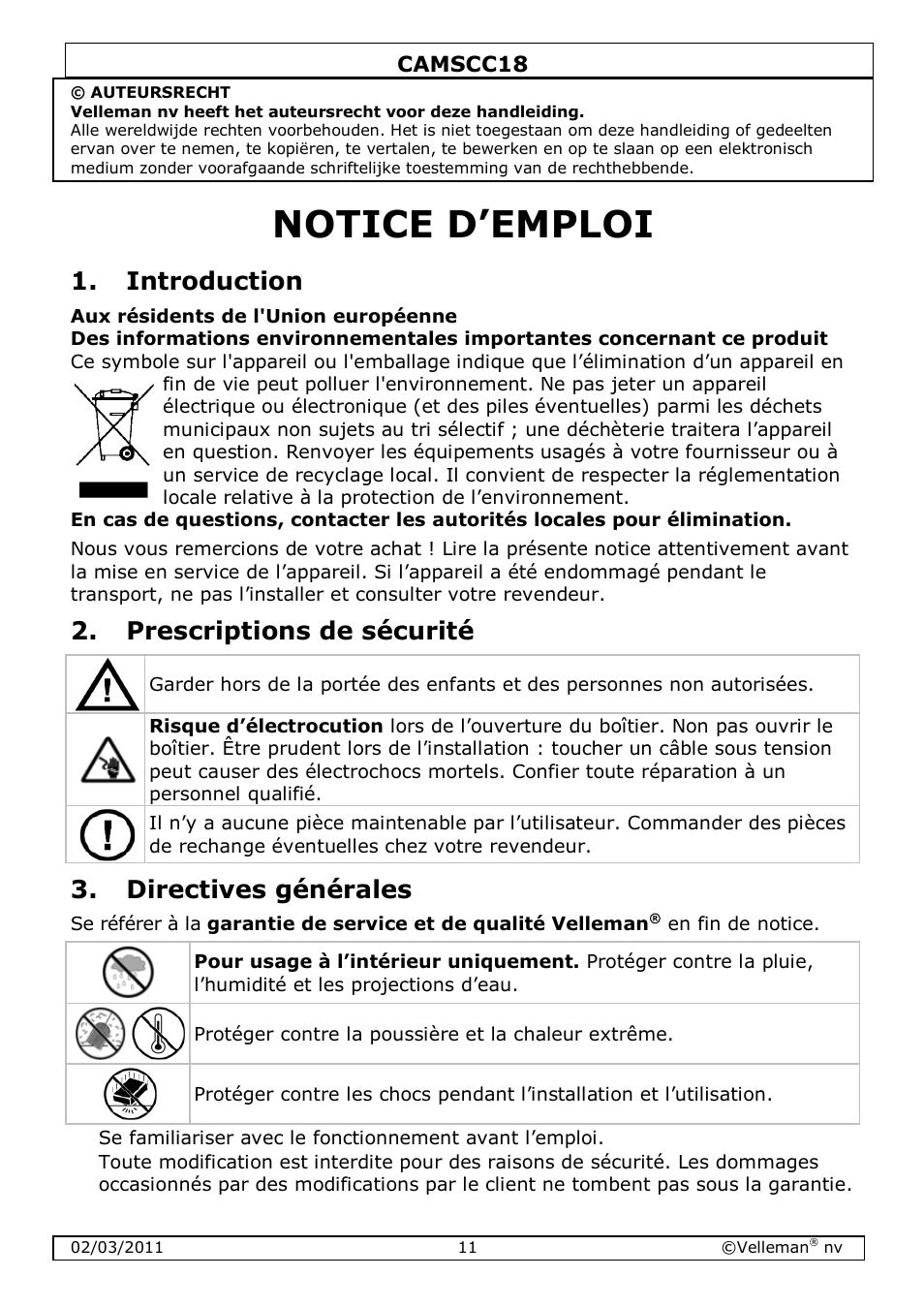 Notice d’emploi, Introduction, Prescriptions de sécurité | Directives générales | Velleman CAMSCC18 User Manual | Page 11 / 25