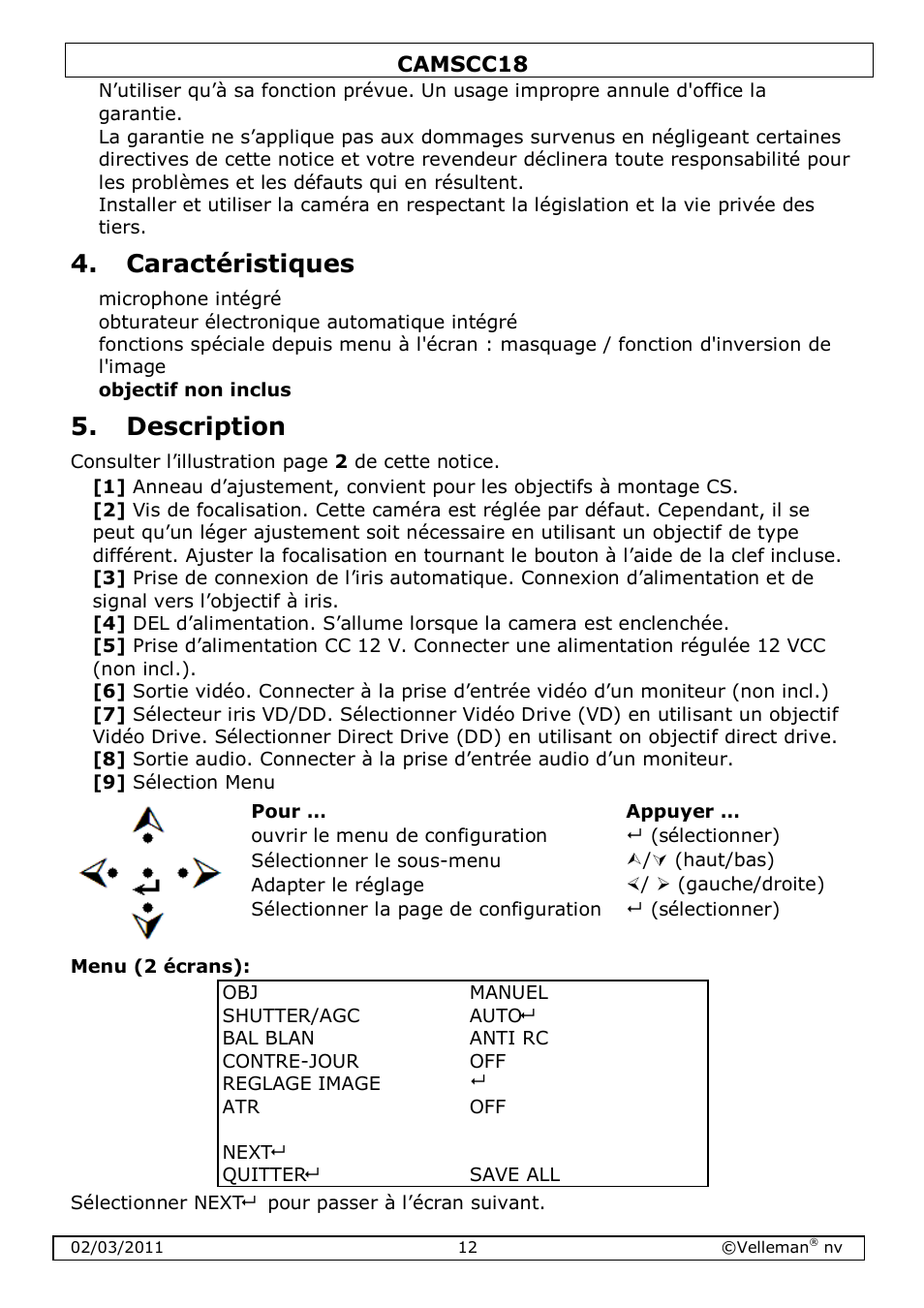 Caractéristiques, Description | Velleman CAMSCC18 User Manual | Page 12 / 25