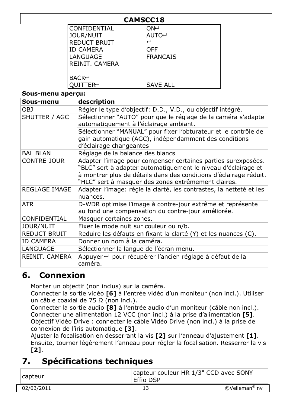 Connexion, Spécifications techniques | Velleman CAMSCC18 User Manual | Page 13 / 25