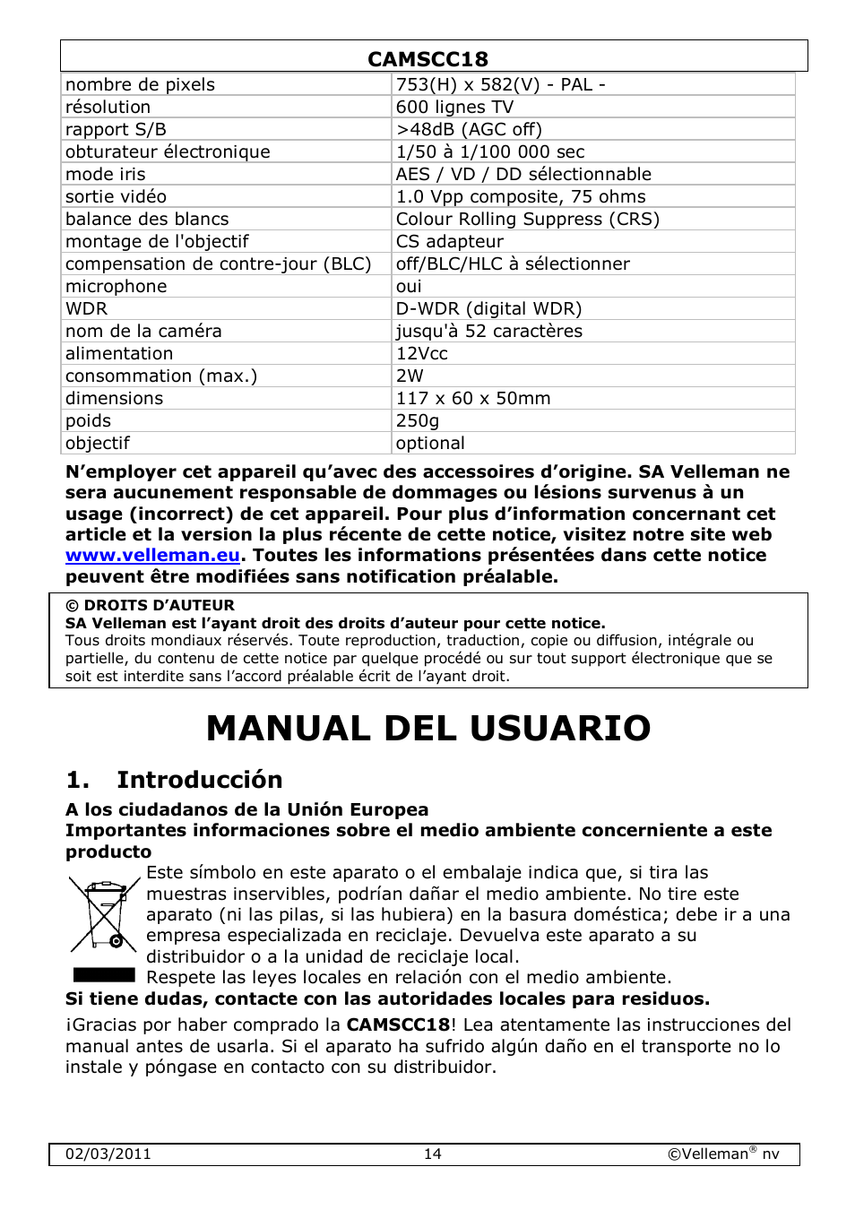 Manual del usuario, Introducción | Velleman CAMSCC18 User Manual | Page 14 / 25