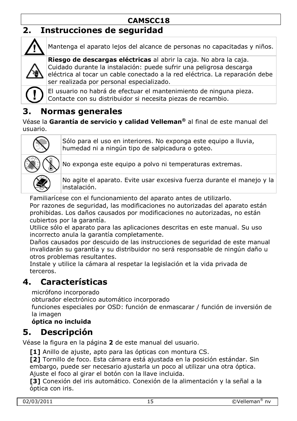 Instrucciones de seguridad, Normas generales, Características | Descripción | Velleman CAMSCC18 User Manual | Page 15 / 25