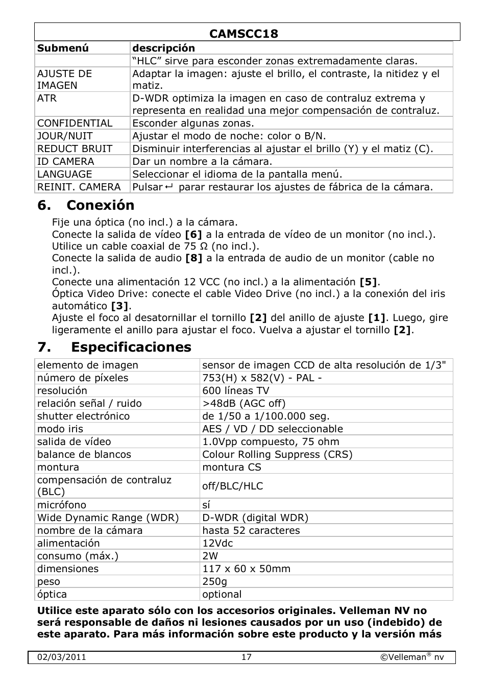 Conexión, Especificaciones | Velleman CAMSCC18 User Manual | Page 17 / 25