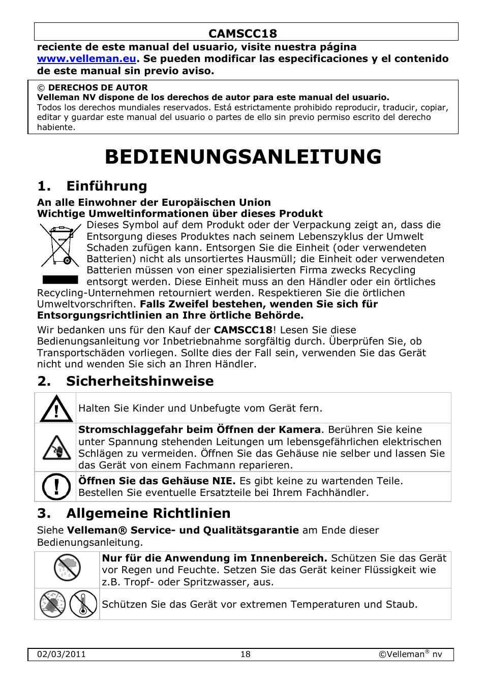 Bedienungsanleitung, Einführung, Sicherheitshinweise | Allgemeine richtlinien | Velleman CAMSCC18 User Manual | Page 18 / 25