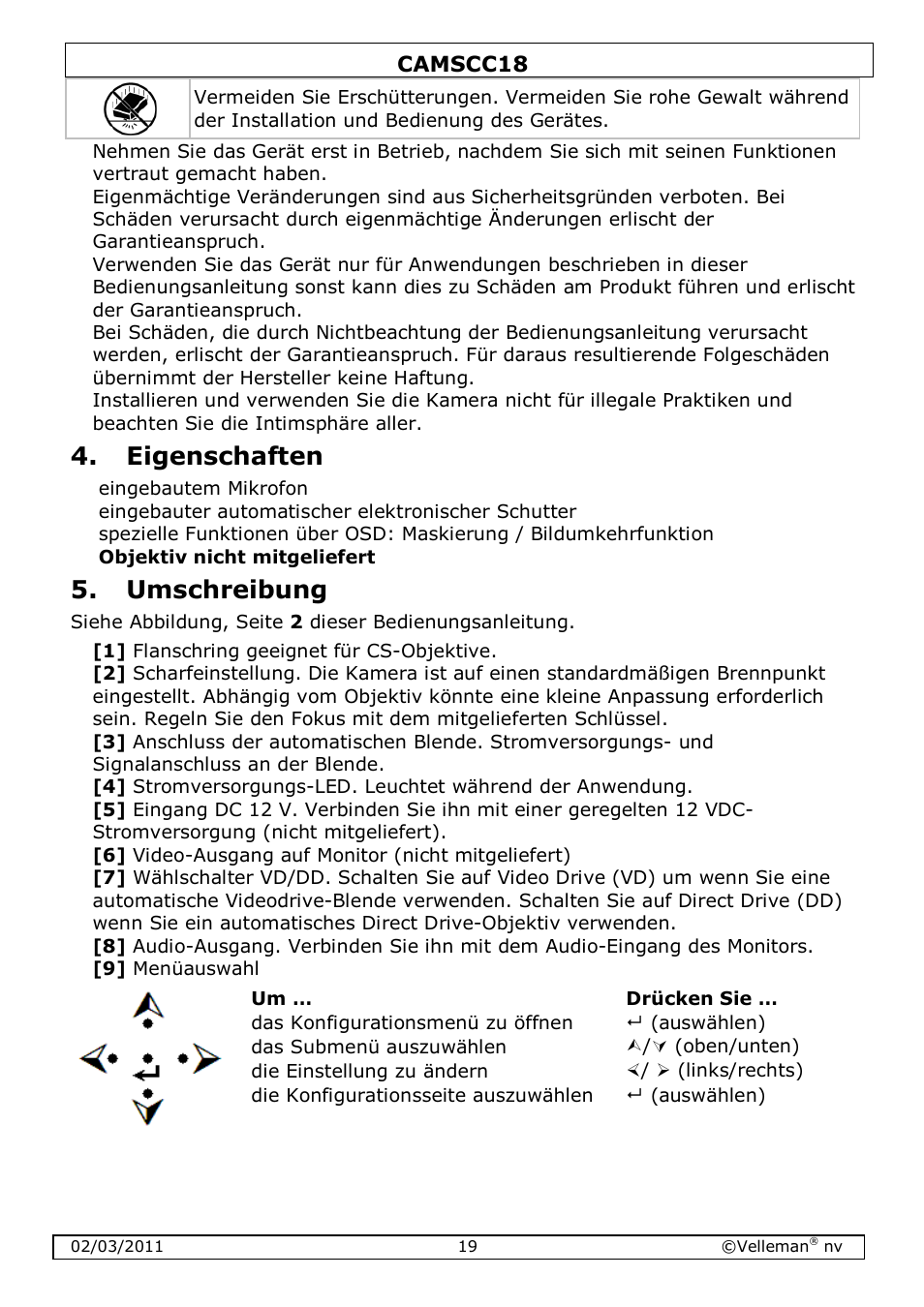 Eigenschaften, Umschreibung | Velleman CAMSCC18 User Manual | Page 19 / 25