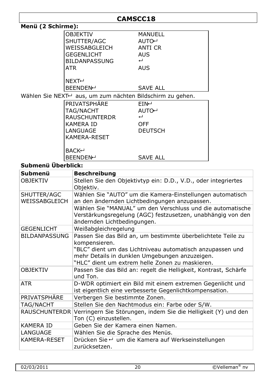 Velleman CAMSCC18 User Manual | Page 20 / 25