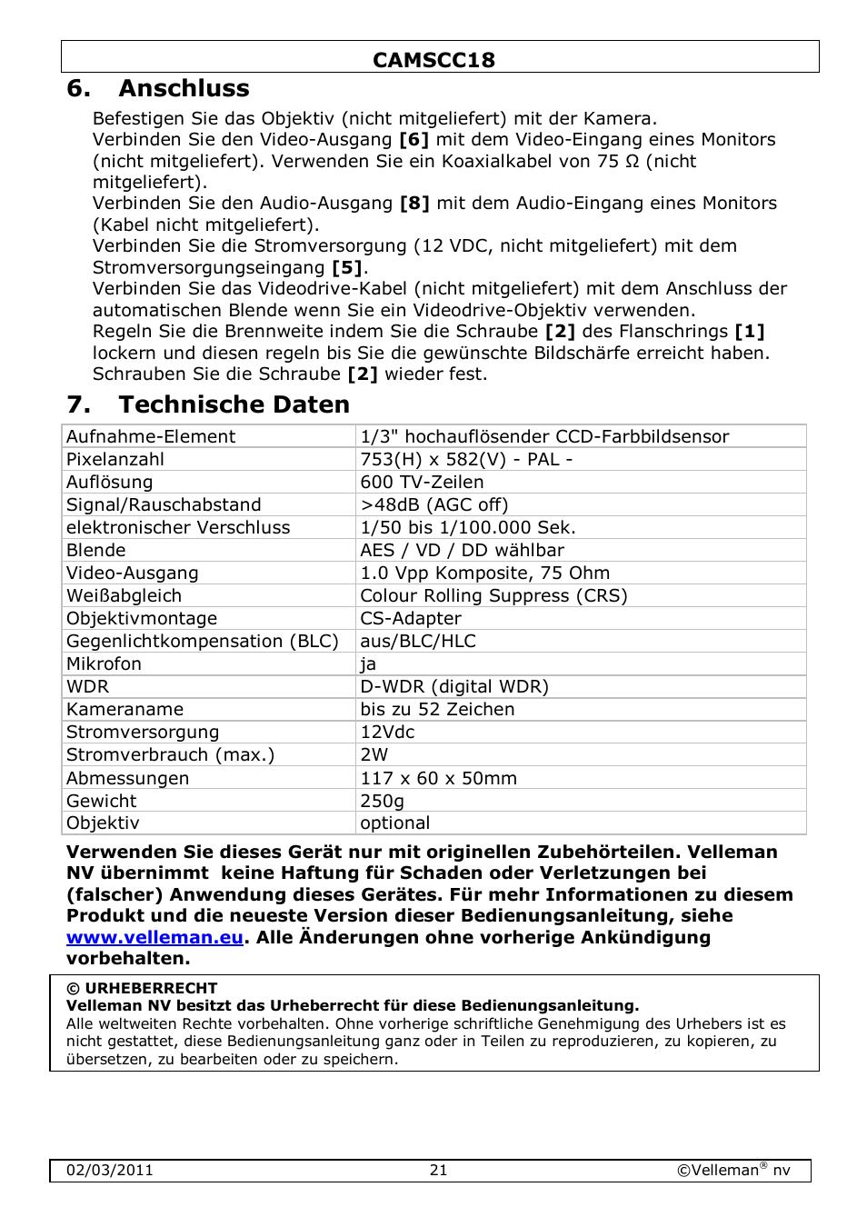 Anschluss, Technische daten | Velleman CAMSCC18 User Manual | Page 21 / 25