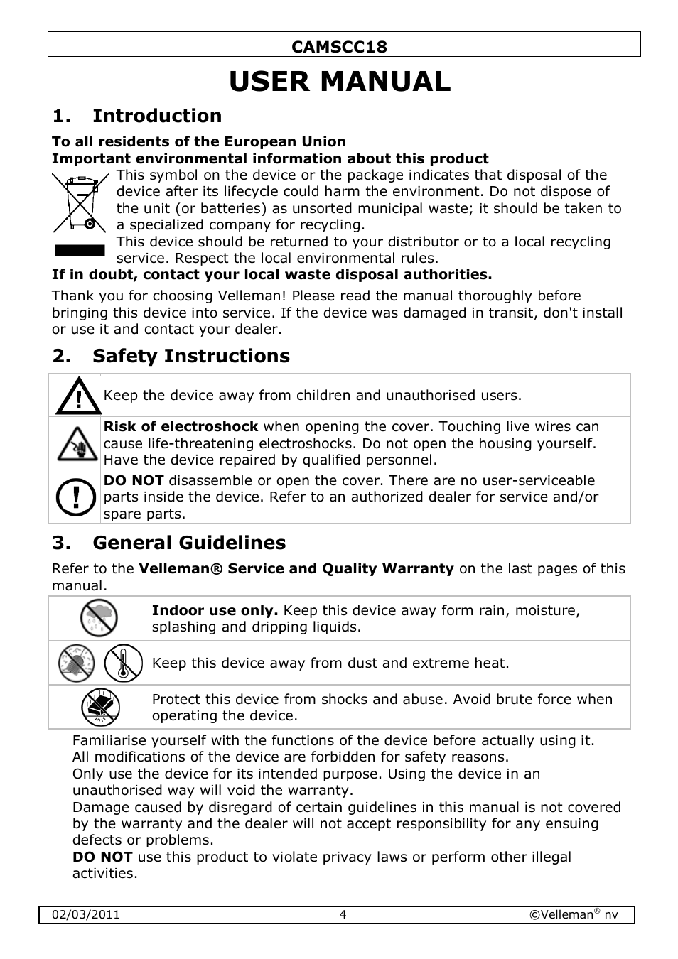 User manual, Introduction, Safety instructions | General guidelines | Velleman CAMSCC18 User Manual | Page 4 / 25