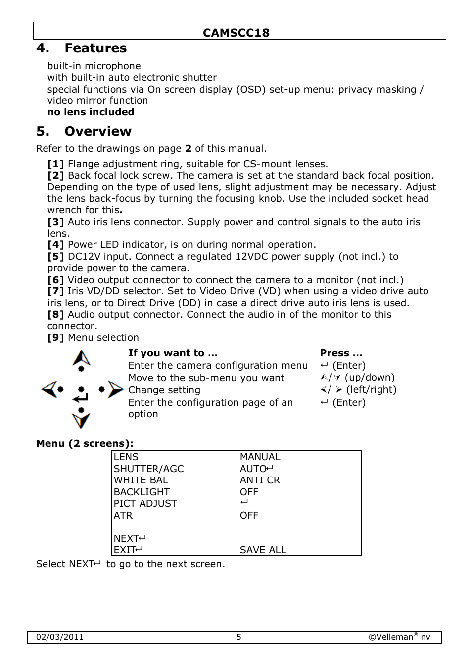 Features, Overview | Velleman CAMSCC18 User Manual | Page 5 / 25