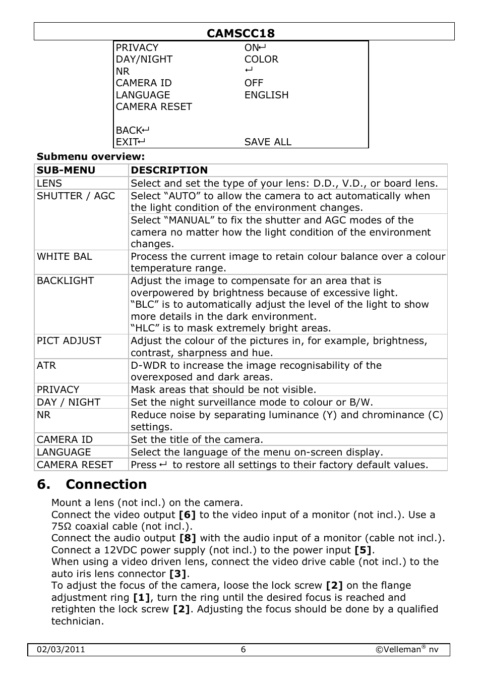 Connection | Velleman CAMSCC18 User Manual | Page 6 / 25