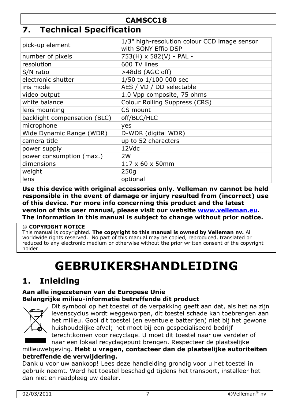 Gebruikershandleiding, Technical specification, Inleiding | Velleman CAMSCC18 User Manual | Page 7 / 25