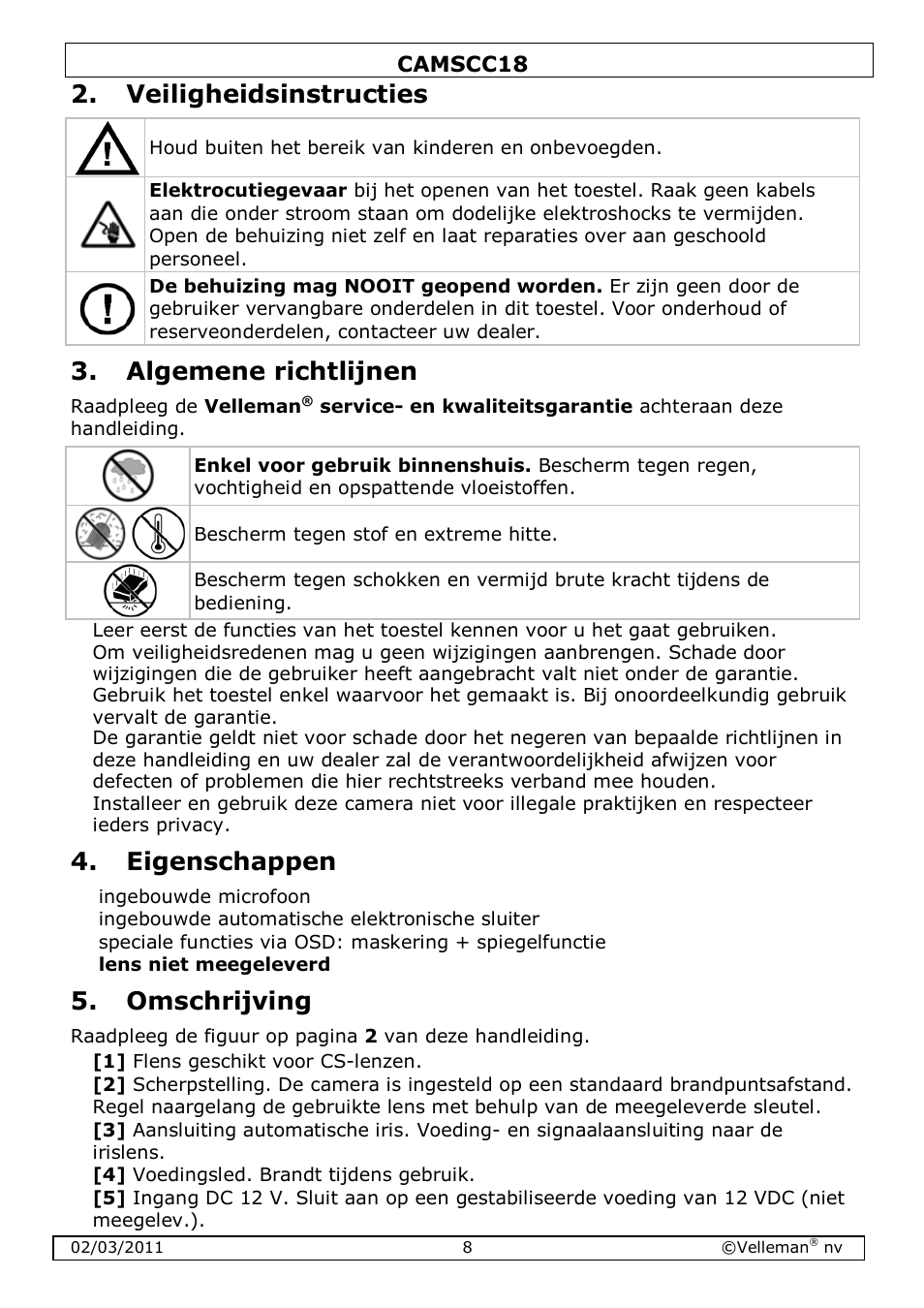 Veiligheidsinstructies, Algemene richtlijnen, Eigenschappen | Omschrijving | Velleman CAMSCC18 User Manual | Page 8 / 25