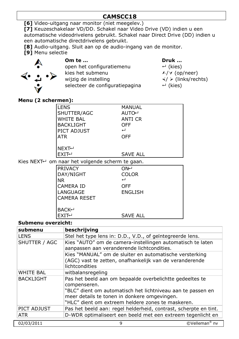 Velleman CAMSCC18 User Manual | Page 9 / 25