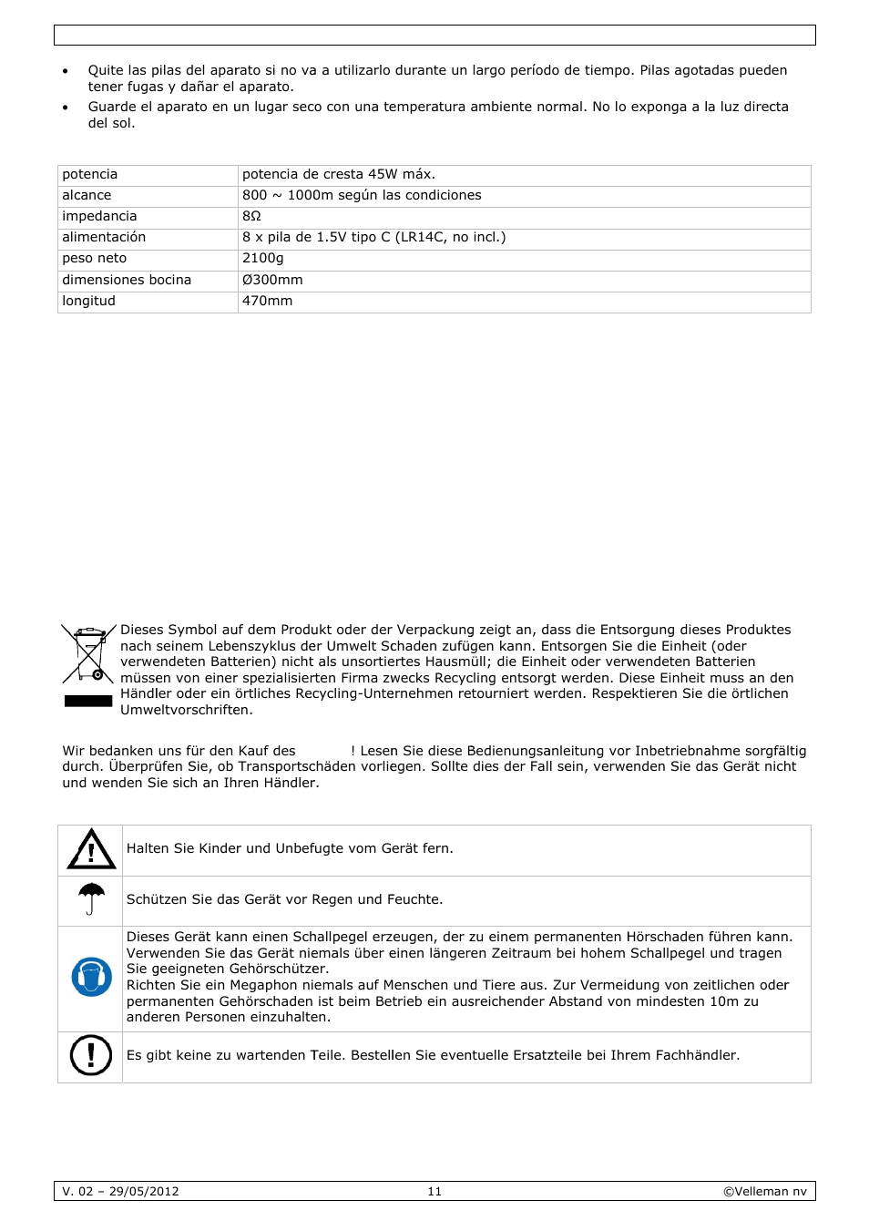 Bedienungsanleitung, Dienun, Ngsan | Nleitu, Espe, Einfü, Siche, Ecificacio, Ührung, Erheitsh | Velleman MP45S User Manual | Page 11 / 15