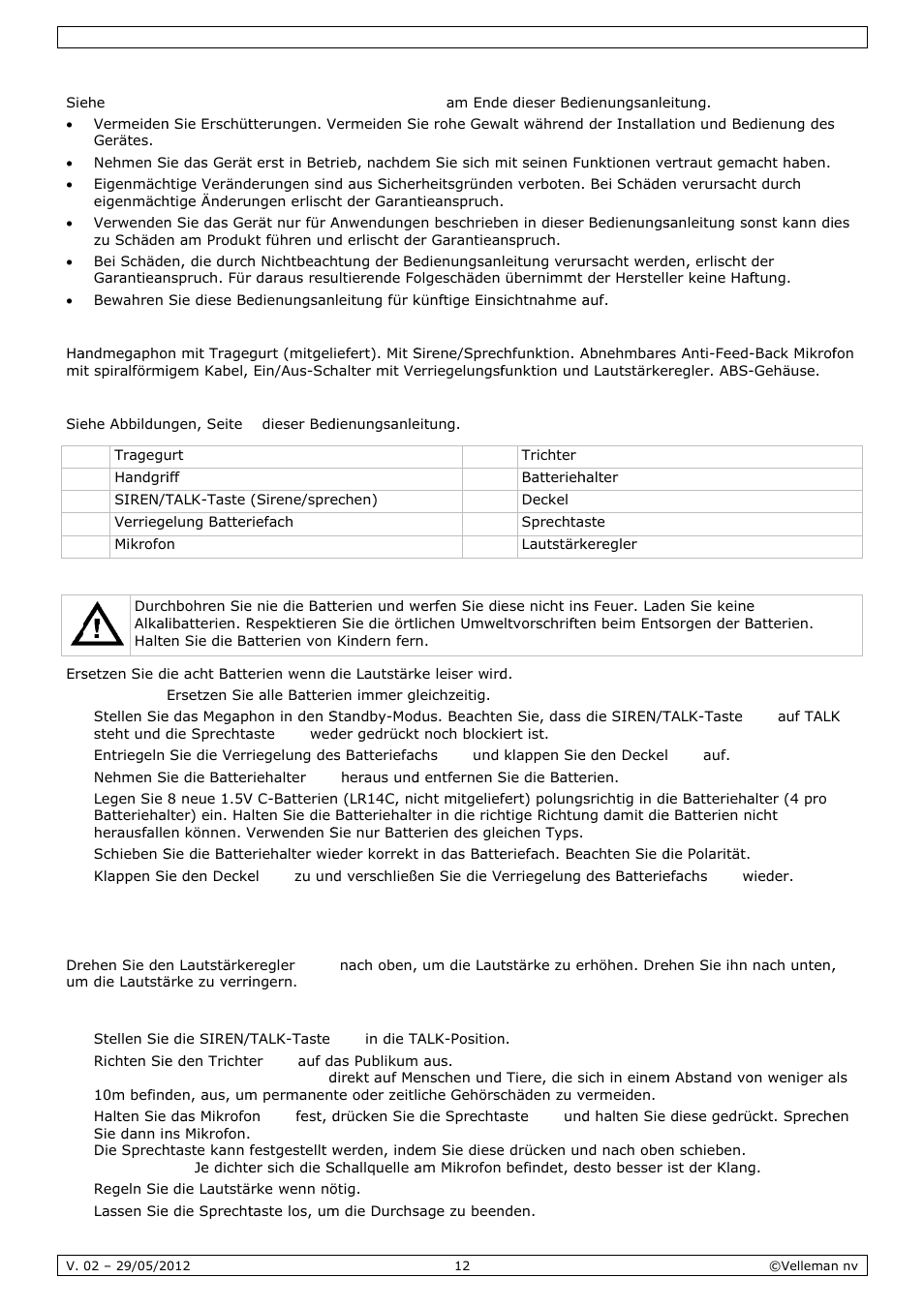 Allge, Eigen, Umsc | Die b, Anwe, Emeine r, Nschafte, Chreibun, Batterien, Endung | Velleman MP45S User Manual | Page 12 / 15