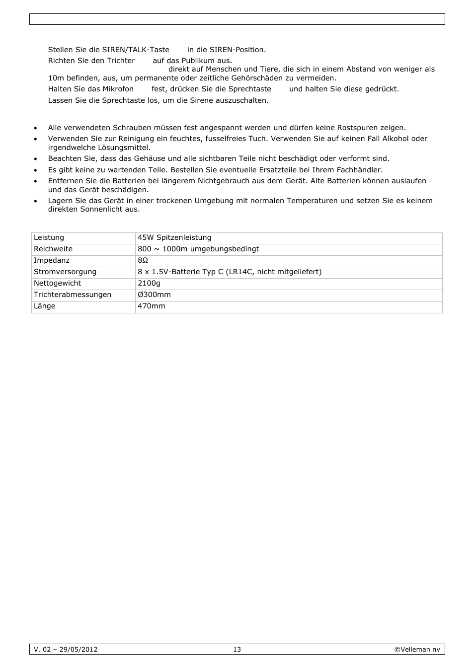 Reinigung und wartung, Technische daten | Velleman MP45S User Manual | Page 13 / 15