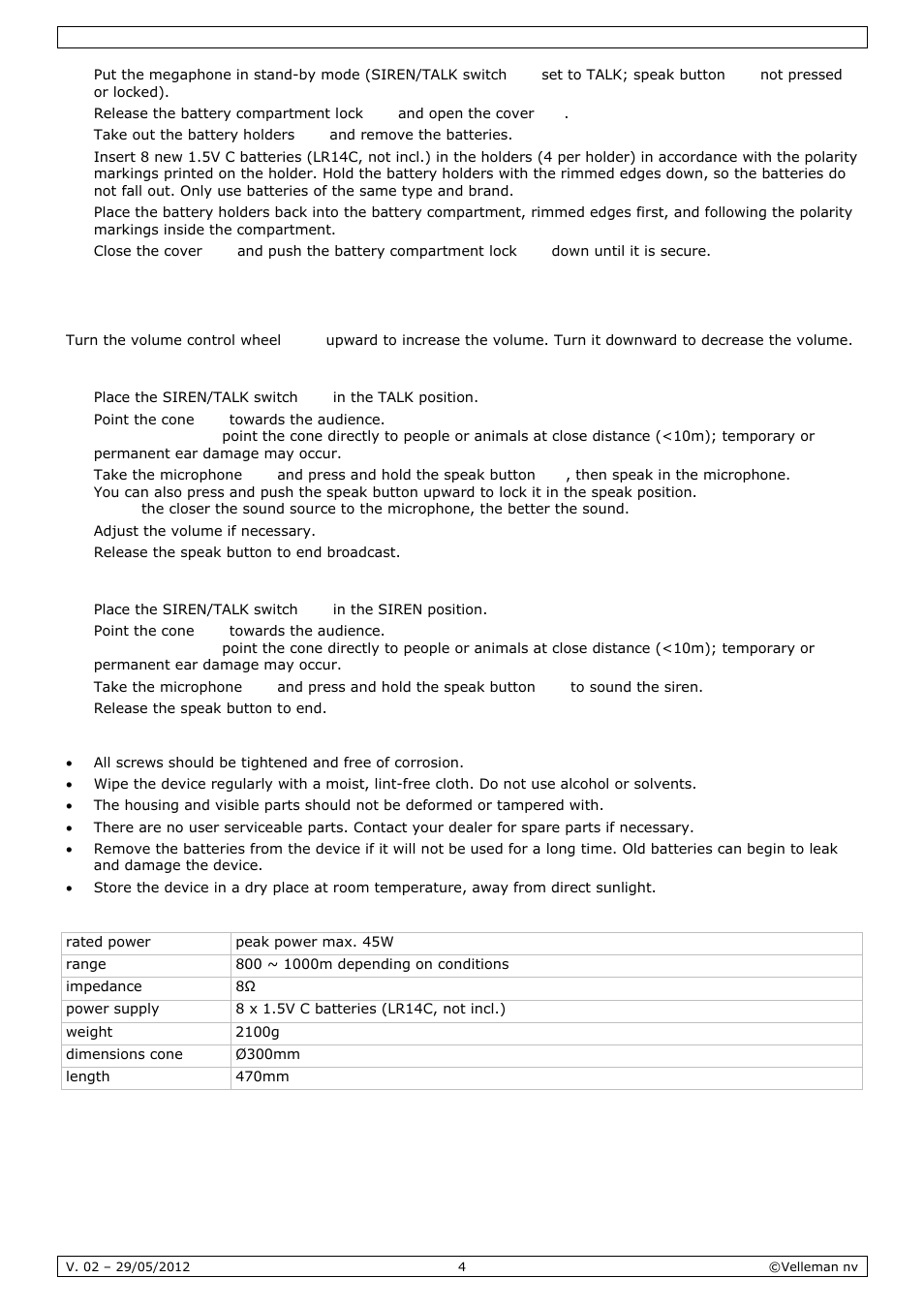 Operation, Cleaning and maintenance, Technical specifications | Velleman MP45S User Manual | Page 4 / 15