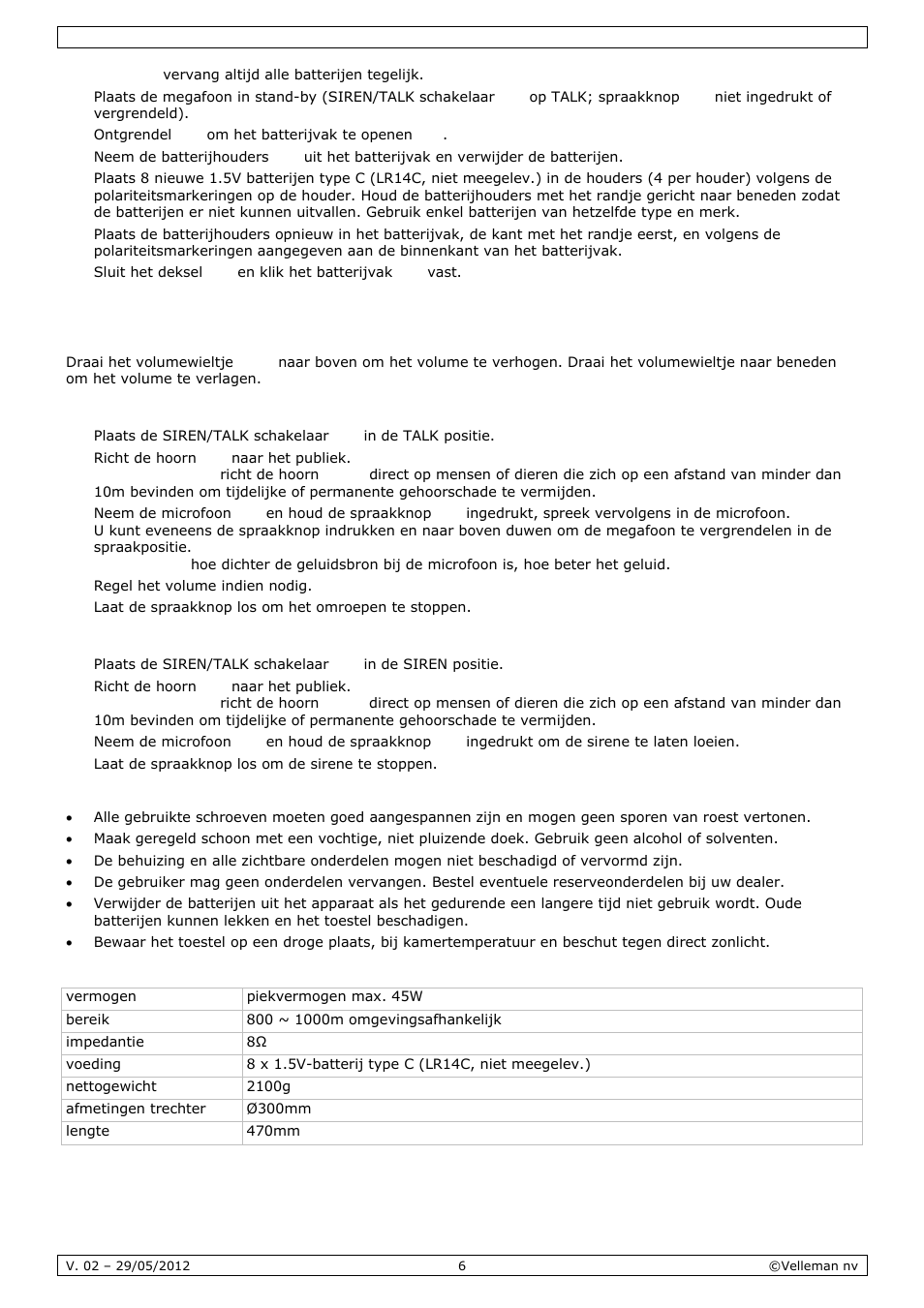 Gebruik, Reiniging en onderhoud, Technische specificaties | Velleman MP45S User Manual | Page 6 / 15