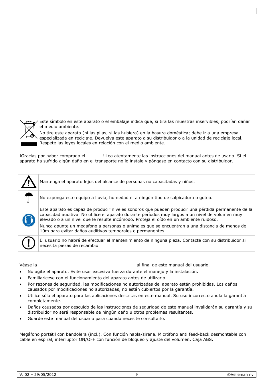 Manual del usuario, Anual, L del u | Usuar, Intro, Instr, Norm, Cara, Oducción, Ruccione | Velleman MP45S User Manual | Page 9 / 15