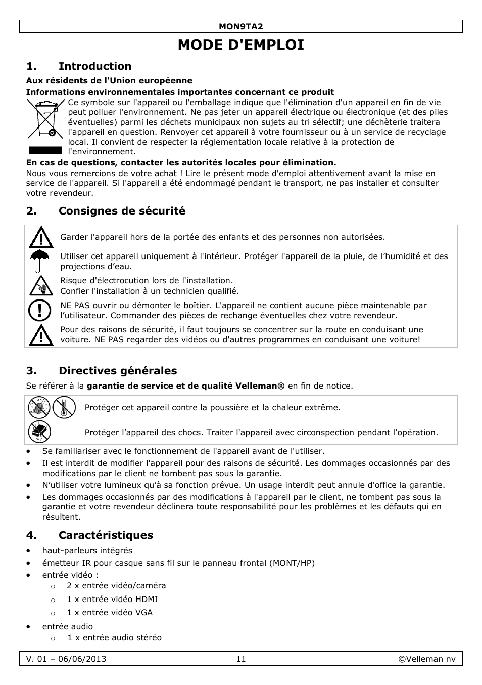 Mode d'emploi, Introduction, Consignes de sécurité | Directives générales, Caractéristiques | Velleman MON9TA2 User Manual | Page 11 / 32