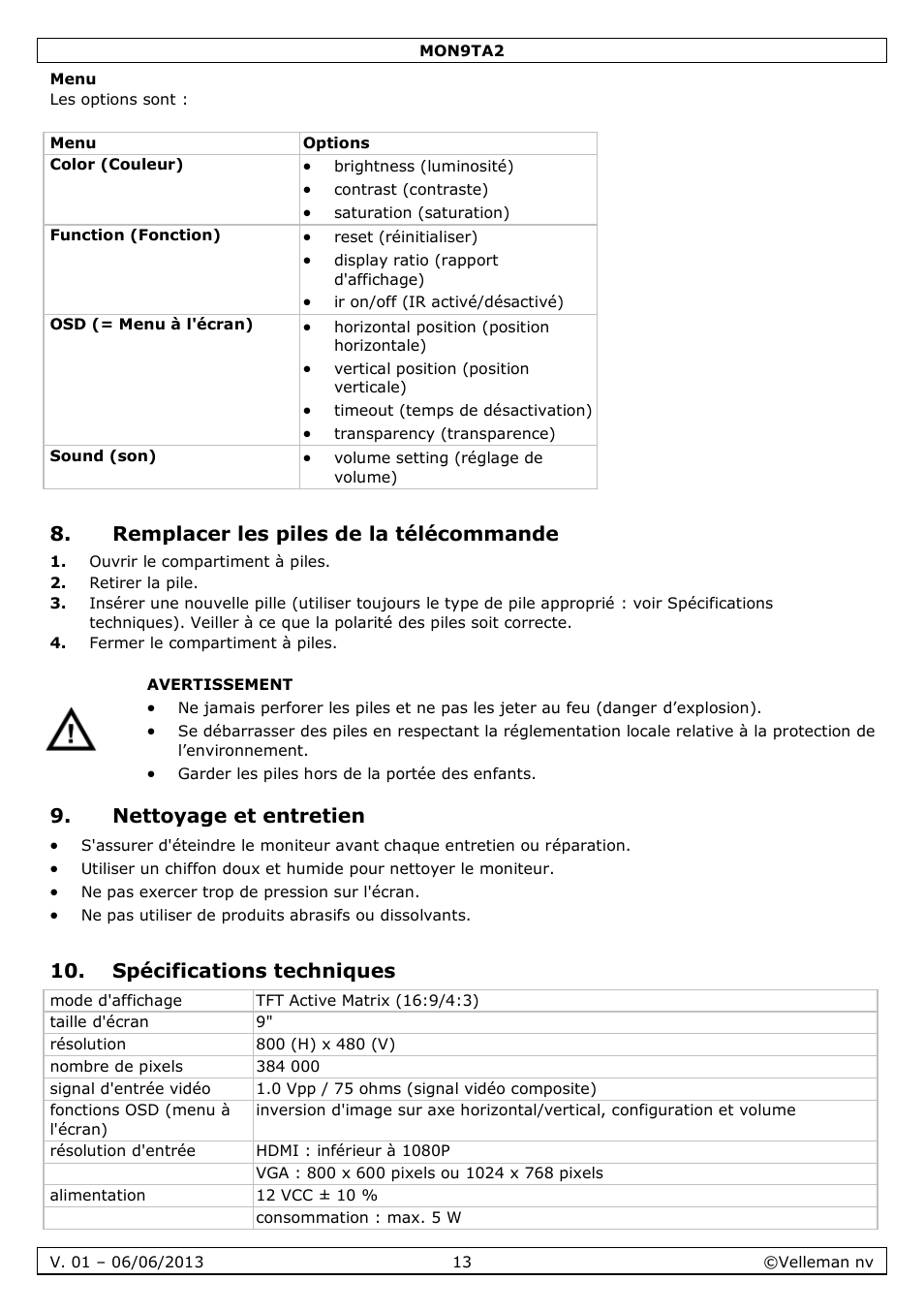 Menu, Remplacer les piles de la télécommande, Nettoyage et entretien | Spécifications techniques | Velleman MON9TA2 User Manual | Page 13 / 32