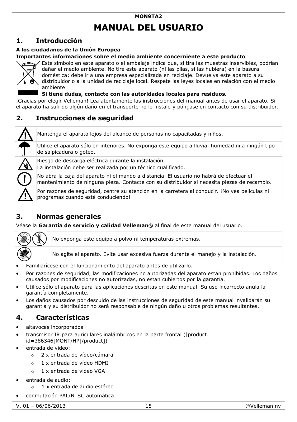 Manual del usuario, Introducción, Instrucciones de seguridad | Normas generales, Características | Velleman MON9TA2 User Manual | Page 15 / 32