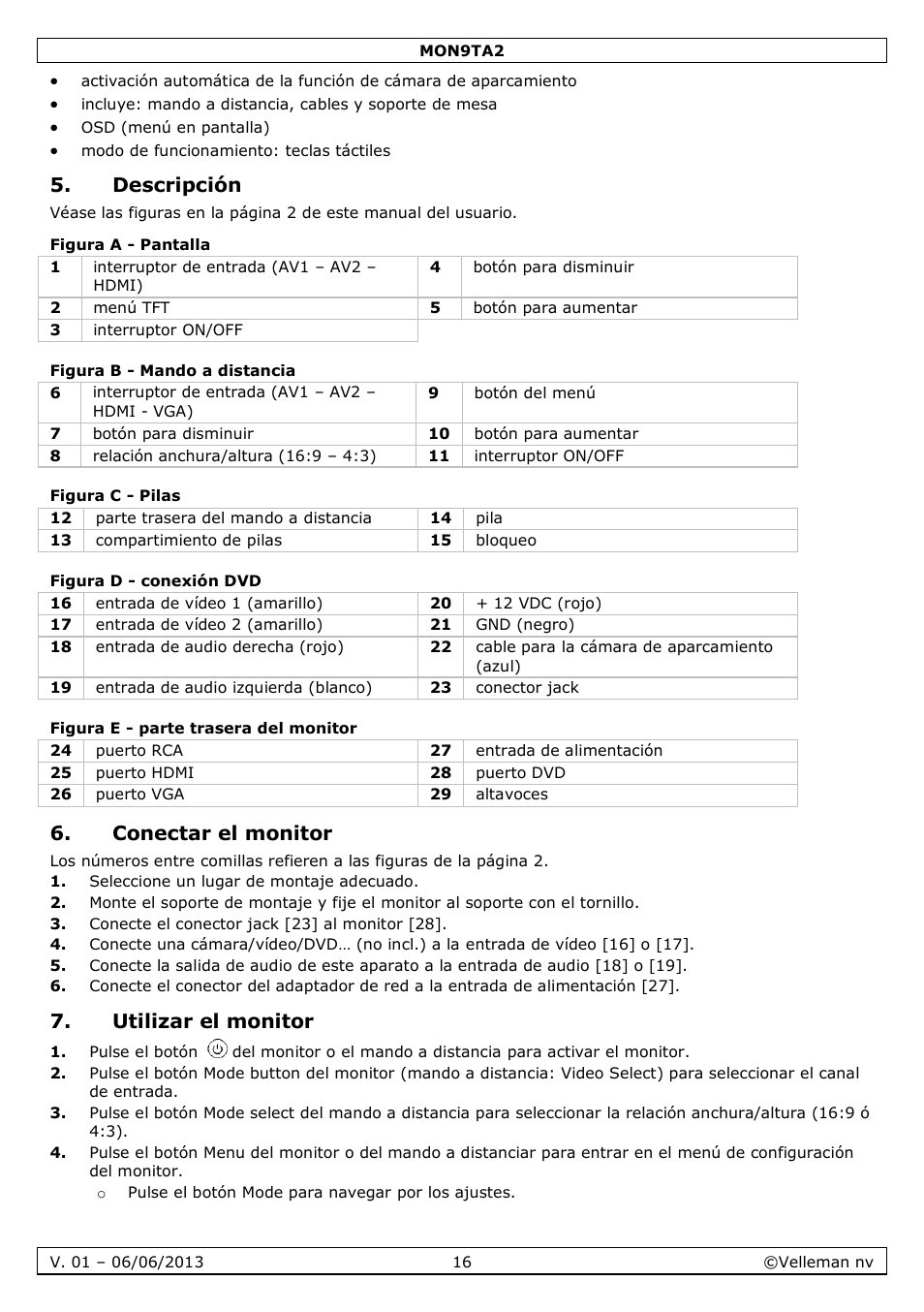 Descripción, Figura a - pantalla, Figura b - mando a distancia | Figura c - pilas, Figura d - conexión dvd, Figura e - parte trasera del monitor, Conectar el monitor, Utilizar el monitor | Velleman MON9TA2 User Manual | Page 16 / 32