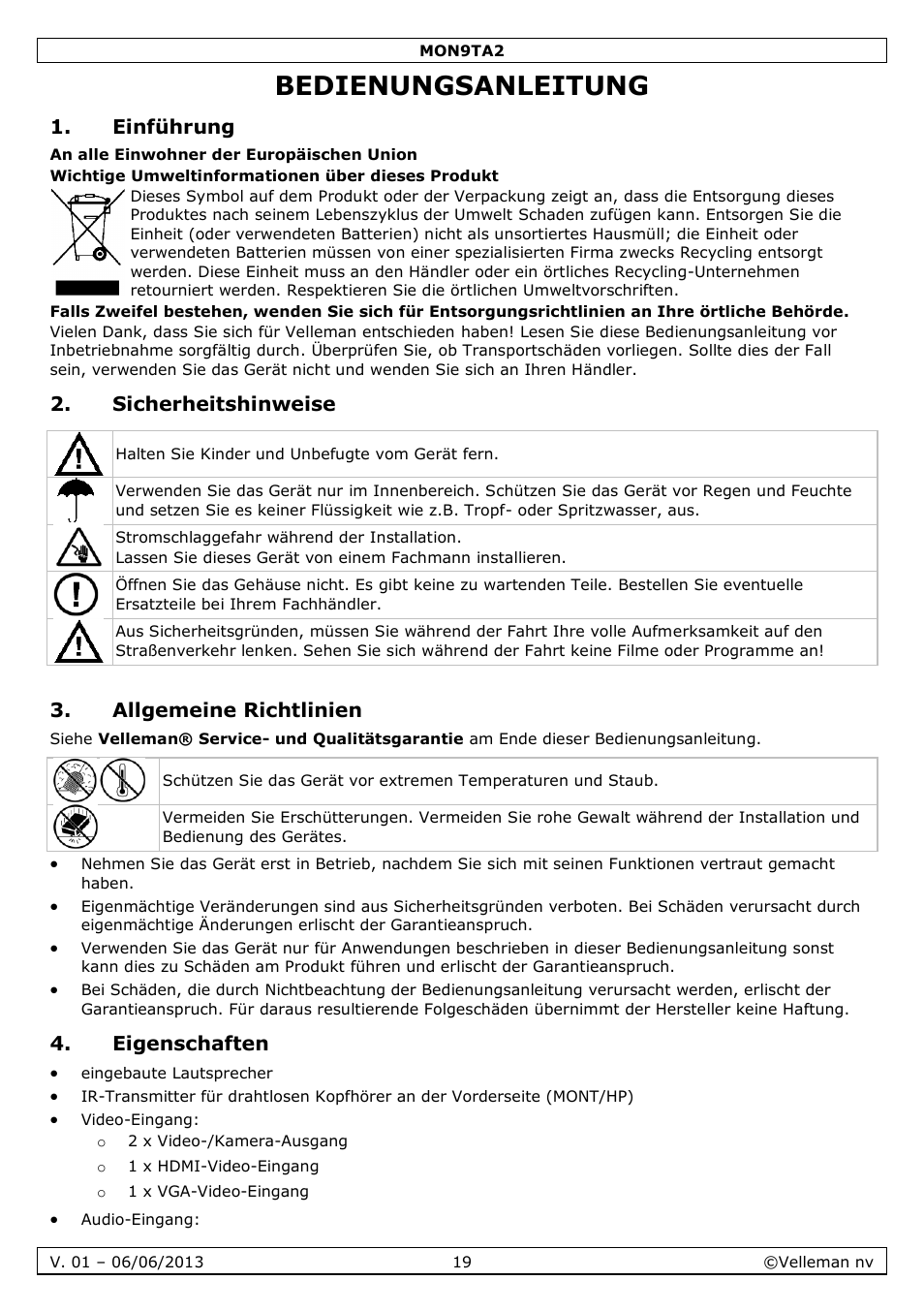 Bedienungsanleitung, Einführung, Sicherheitshinweise | Allgemeine richtlinien, Eigenschaften | Velleman MON9TA2 User Manual | Page 19 / 32