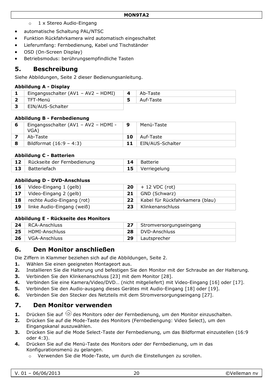 Beschreibung, Abbildung a - display, Abbildung b - fernbedienung | Abbildung c - batterien, Abbildung d - dvd-anschluss, Abbildung e - rückseite des monitors, Den monitor anschließen, Den monitor verwenden | Velleman MON9TA2 User Manual | Page 20 / 32