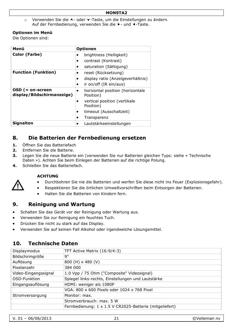 Optionen im menü, Die batterien der fernbedienung ersetzen, Reinigung und wartung | Technische daten | Velleman MON9TA2 User Manual | Page 21 / 32