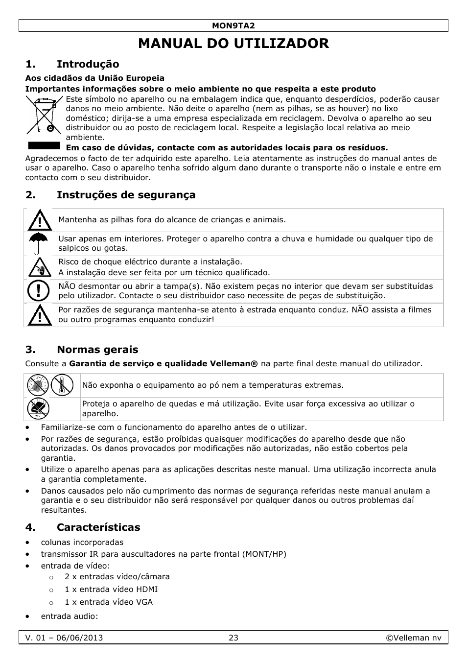 Manual do utilizador, Introdução, Instruções de segurança | Normas gerais, Características | Velleman MON9TA2 User Manual | Page 23 / 32