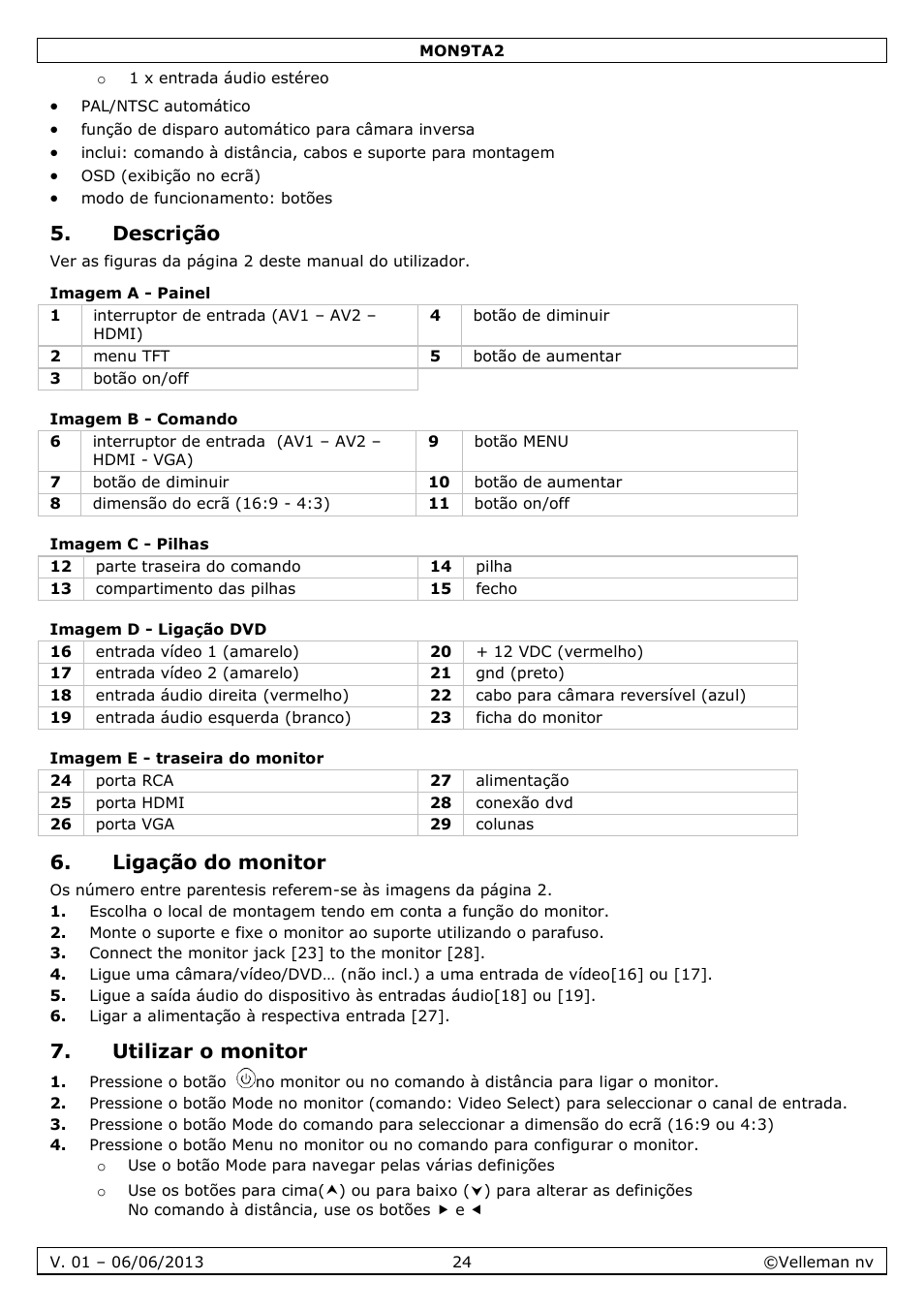 Descrição, Imagem a - painel, Imagem b - comando | Imagem c - pilhas, Imagem d - ligação dvd, Imagem e - traseira do monitor, Ligação do monitor, Utilizar o monitor | Velleman MON9TA2 User Manual | Page 24 / 32