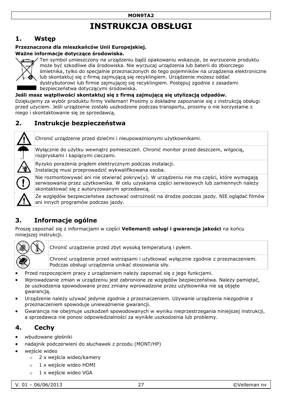 Instrukcja obsługi, Wstęp, Instrukcje bezpieczeństwa | Informacje ogólne, Cechy | Velleman MON9TA2 User Manual | Page 27 / 32