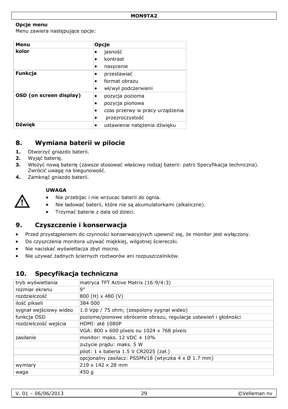 Opcje menu, Wymiana baterii w pilocie, Czyszczenie i konserwacja | Specyfikacja techniczna | Velleman MON9TA2 User Manual | Page 29 / 32