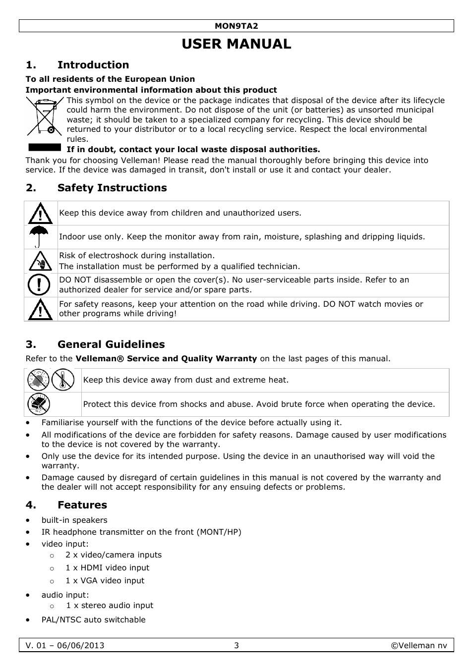 User manual, Introduction, Safety instructions | General guidelines, Features | Velleman MON9TA2 User Manual | Page 3 / 32