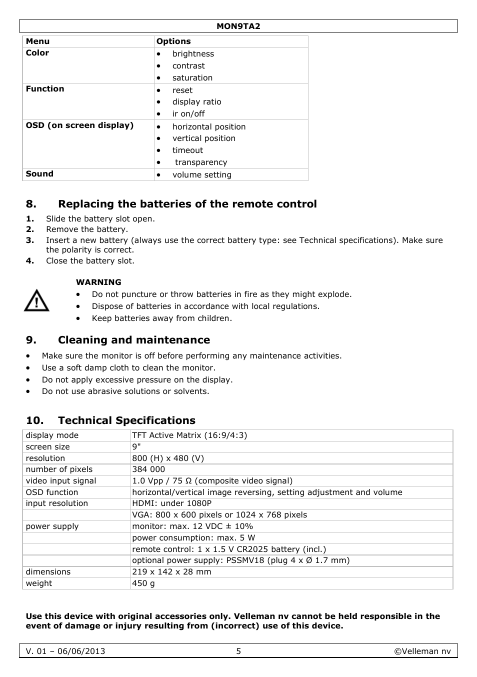 Replacing the batteries of the remote control, Cleaning and maintenance, Technical specifications | Velleman MON9TA2 User Manual | Page 5 / 32