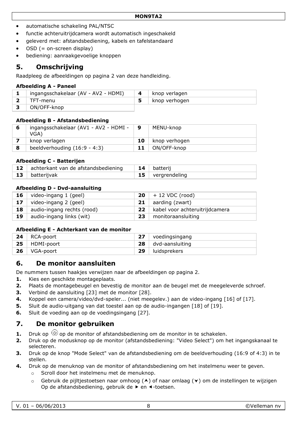 Omschrijving, Afbeelding a - paneel, Afbeelding b - afstandsbediening | Afbeelding c - batterijen, Afbeelding d - dvd-aansluiting, Afbeelding e - achterkant van de monitor, De monitor aansluiten, De monitor gebruiken | Velleman MON9TA2 User Manual | Page 8 / 32