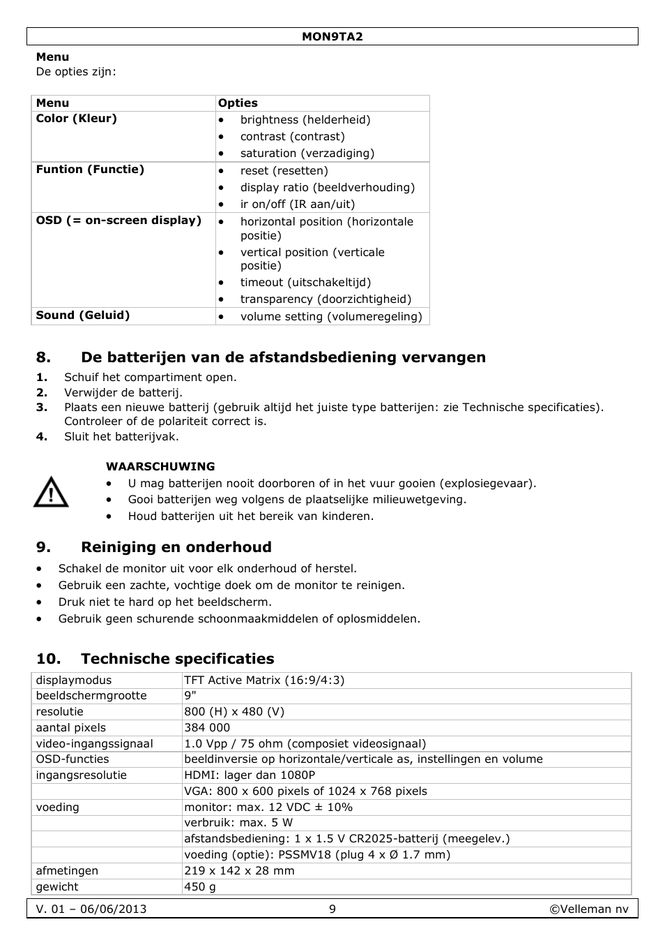 Menu, De batterijen van de afstandsbediening vervangen, Reiniging en onderhoud | Technische specificaties | Velleman MON9TA2 User Manual | Page 9 / 32