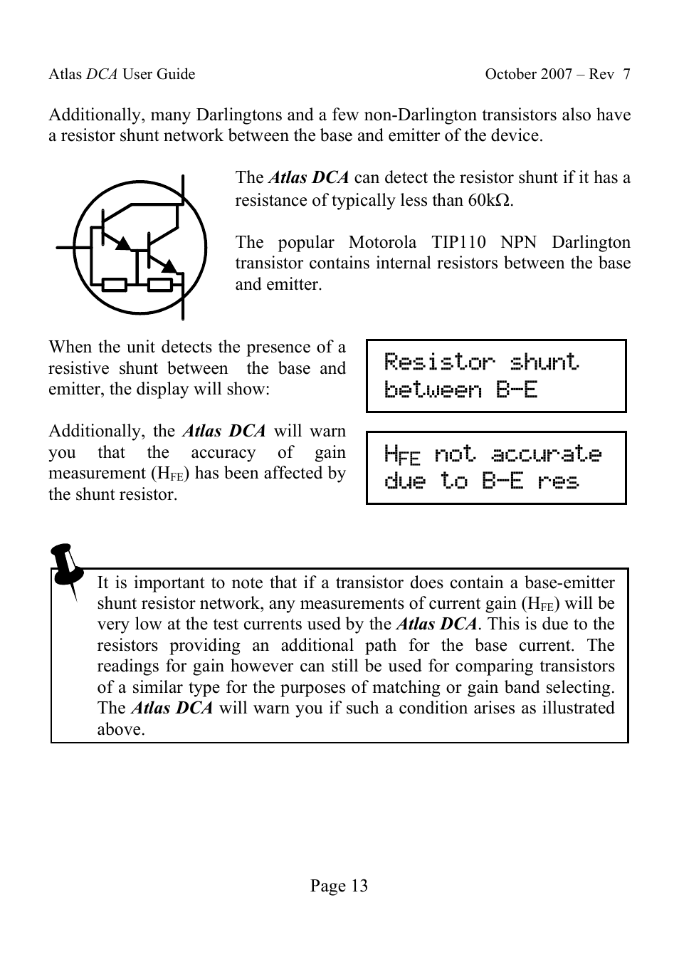 Resistor shunt between b-e h, Not accurate due to b-e res | Velleman DCA55 User Manual | Page 13 / 26