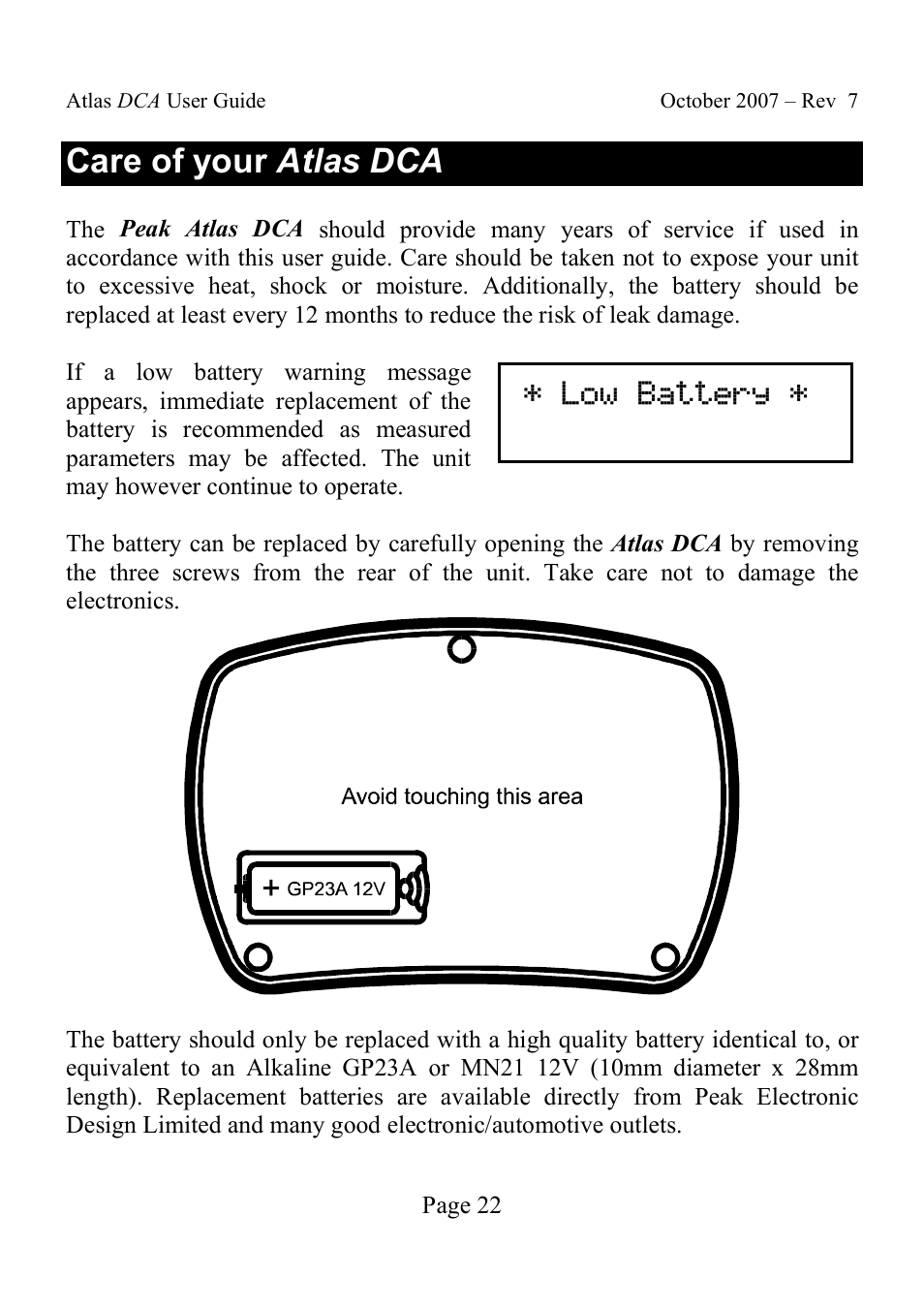 Care of your atlas dca, Low battery | Velleman DCA55 User Manual | Page 22 / 26