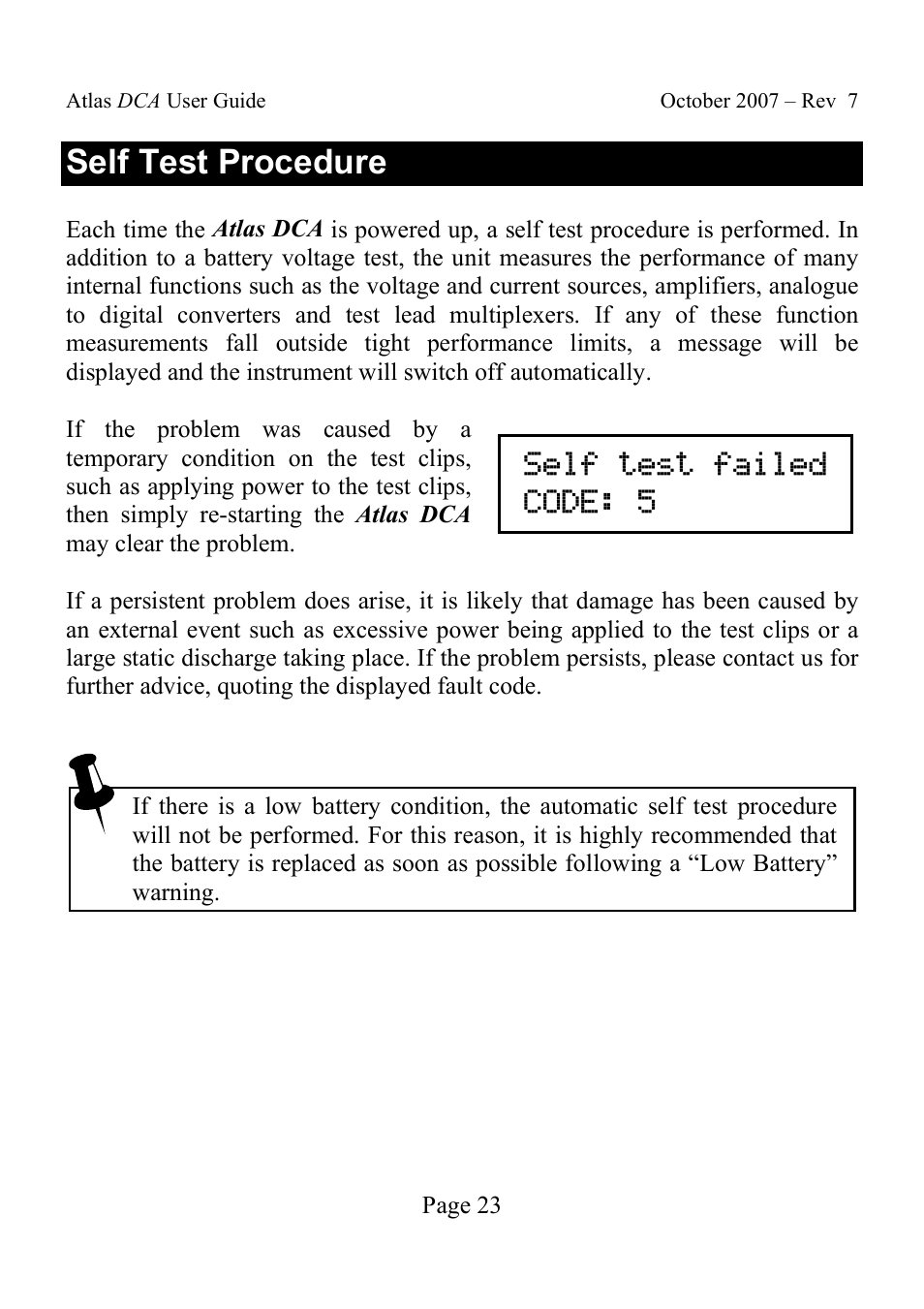 Self test procedure, Self test failed code: 5 | Velleman DCA55 User Manual | Page 23 / 26