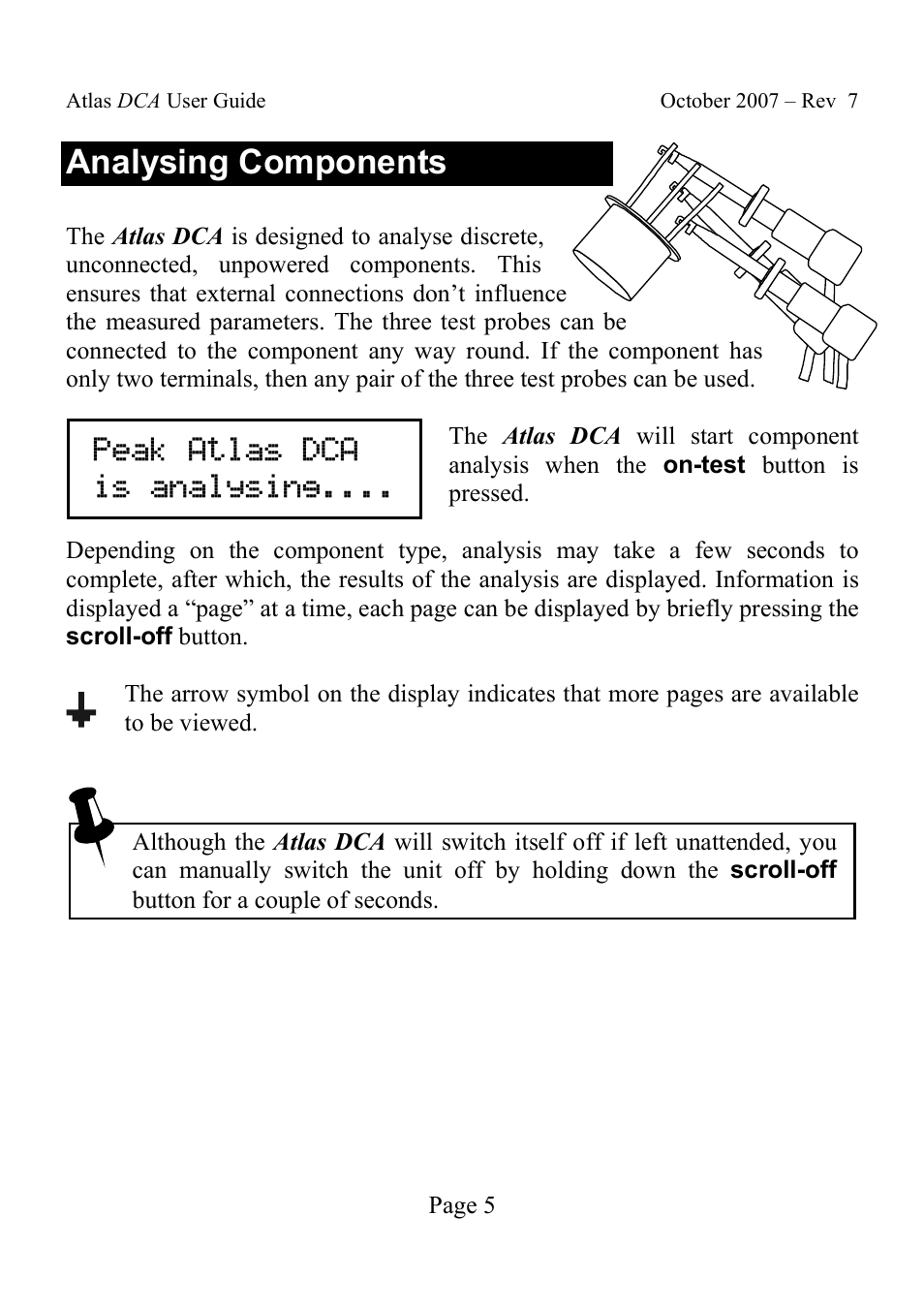 Analysing components, Peak atlas dca is analysing | Velleman DCA55 User Manual | Page 5 / 26